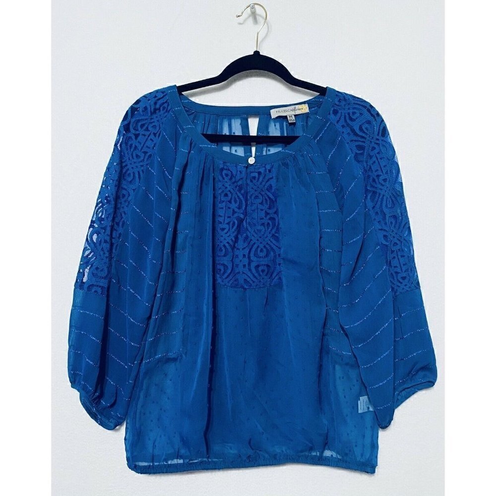 Figueroa & Flower Womens Medium Blue Sheer Peasant Blouse Embroidered Lace Boho